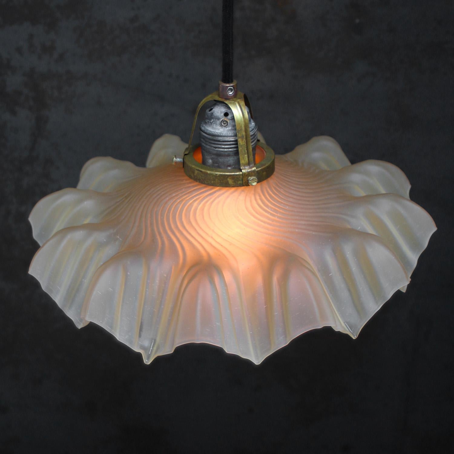 Frosted French Art Nouveau Brass Amber Satin Glass Pendant Light 1920s For Sale