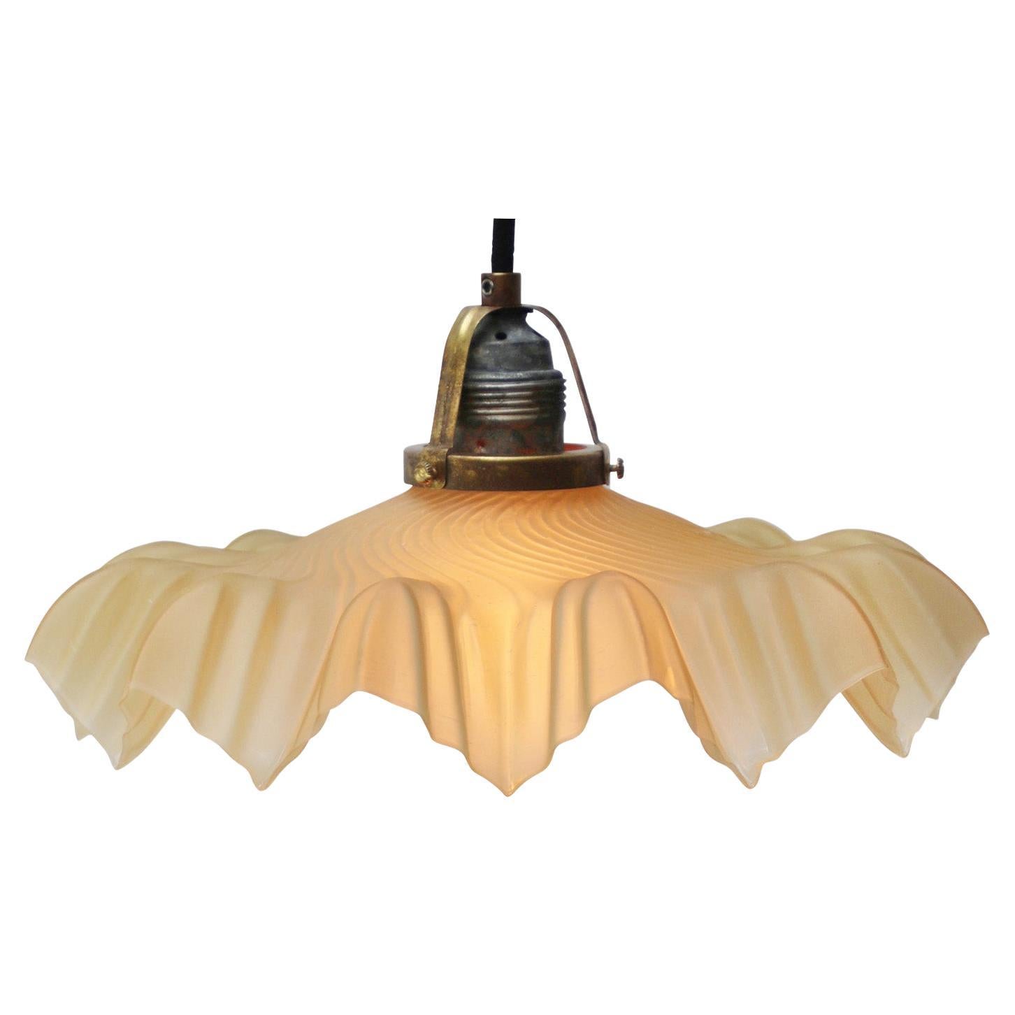 French Art Nouveau Brass Amber Satin Glass Pendant Light 1920s
