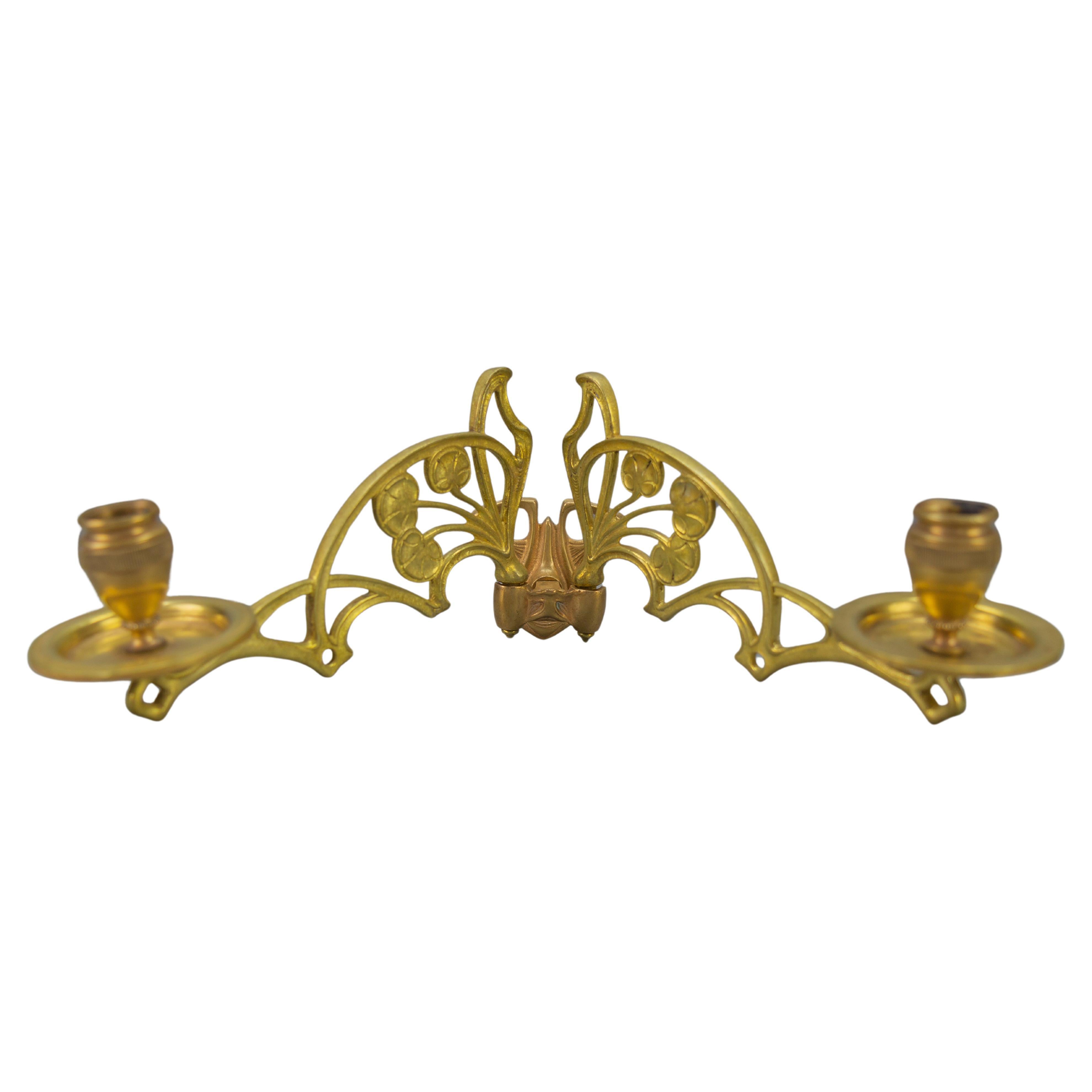 French Art Nouveau Brass and Bronze Twin Arm Piano or Wall Candle Sconce For Sale