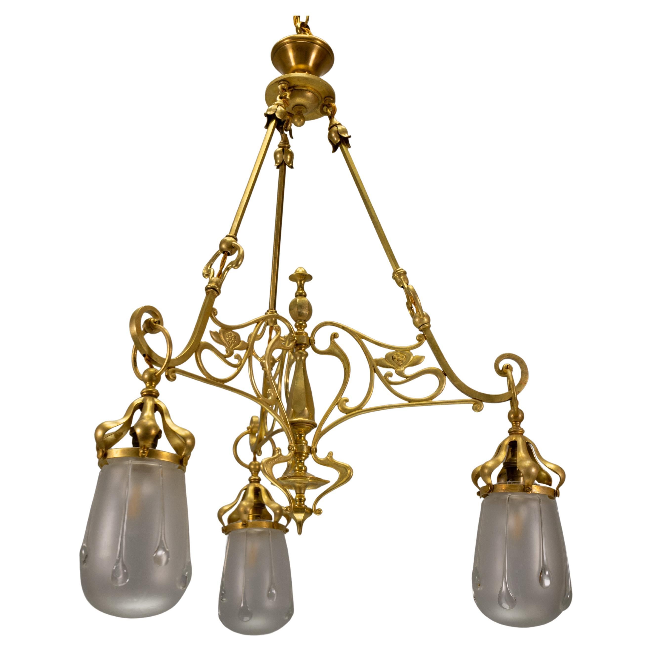 French Art Nouveau Brass and Frosted Glass Three-Light Chandelier, circa 1920