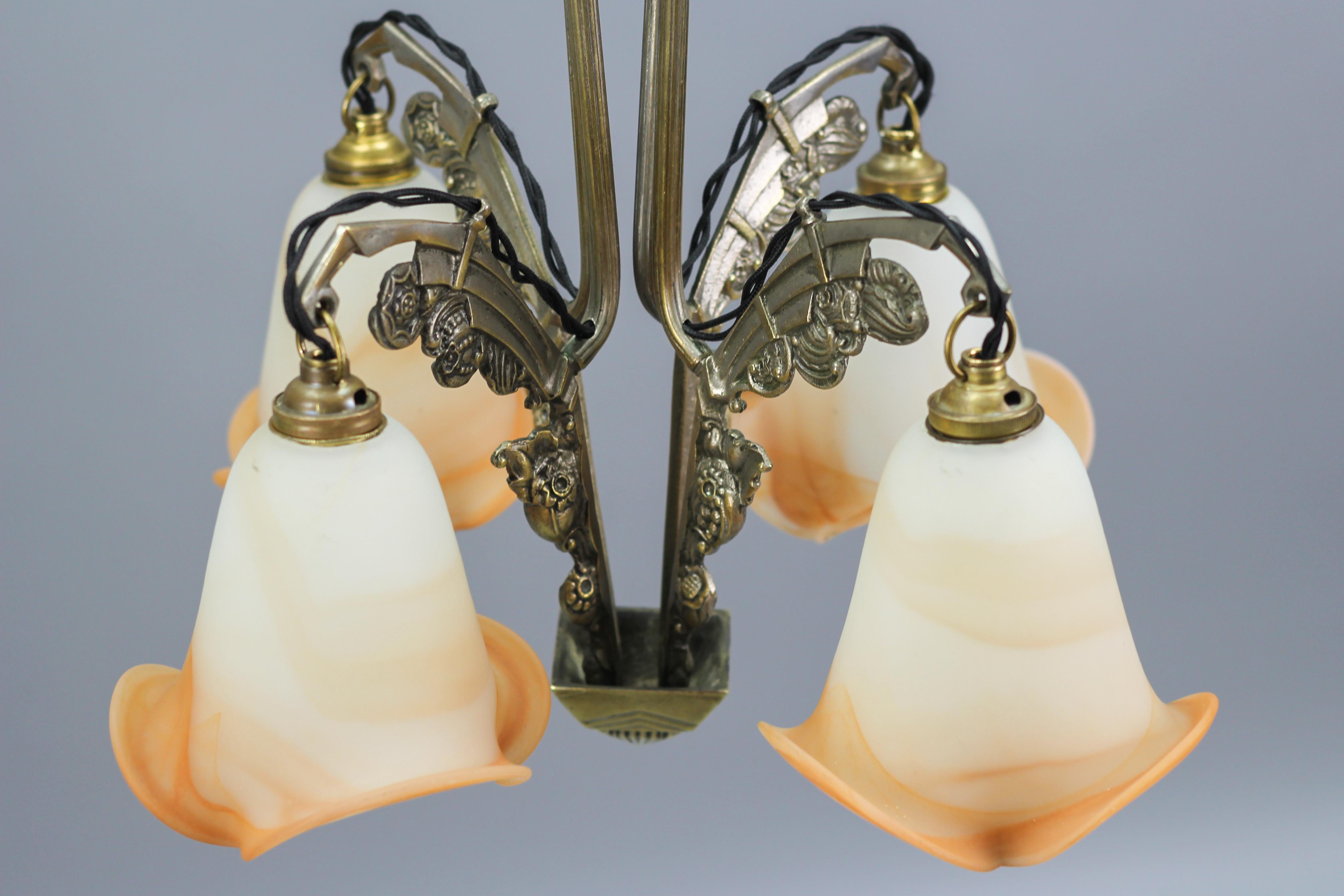 French Art Nouveau Brass and Glass Four-Light Chandelier For Sale 6