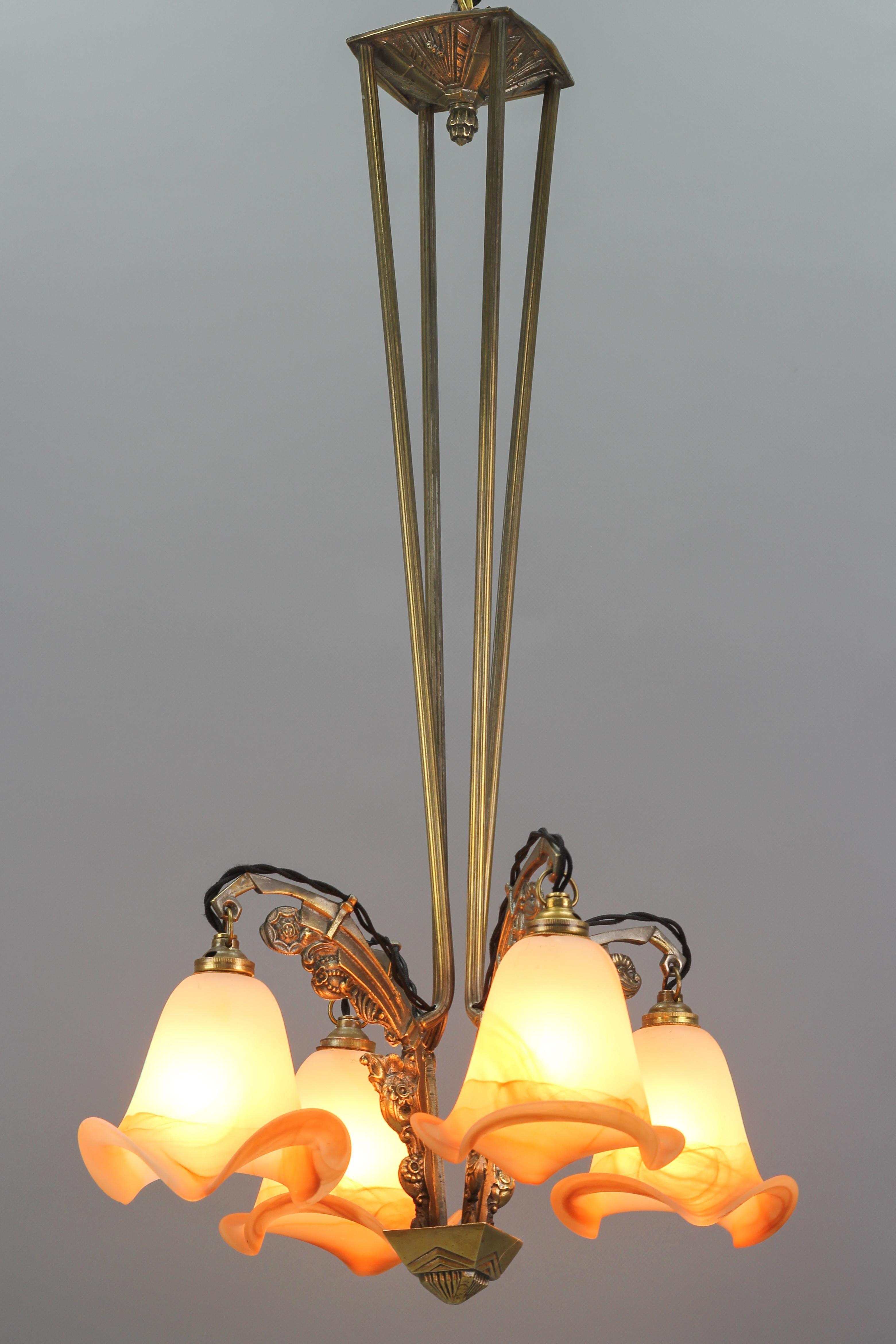 French Art Nouveau Brass and Glass Four-Light Chandelier For Sale 2