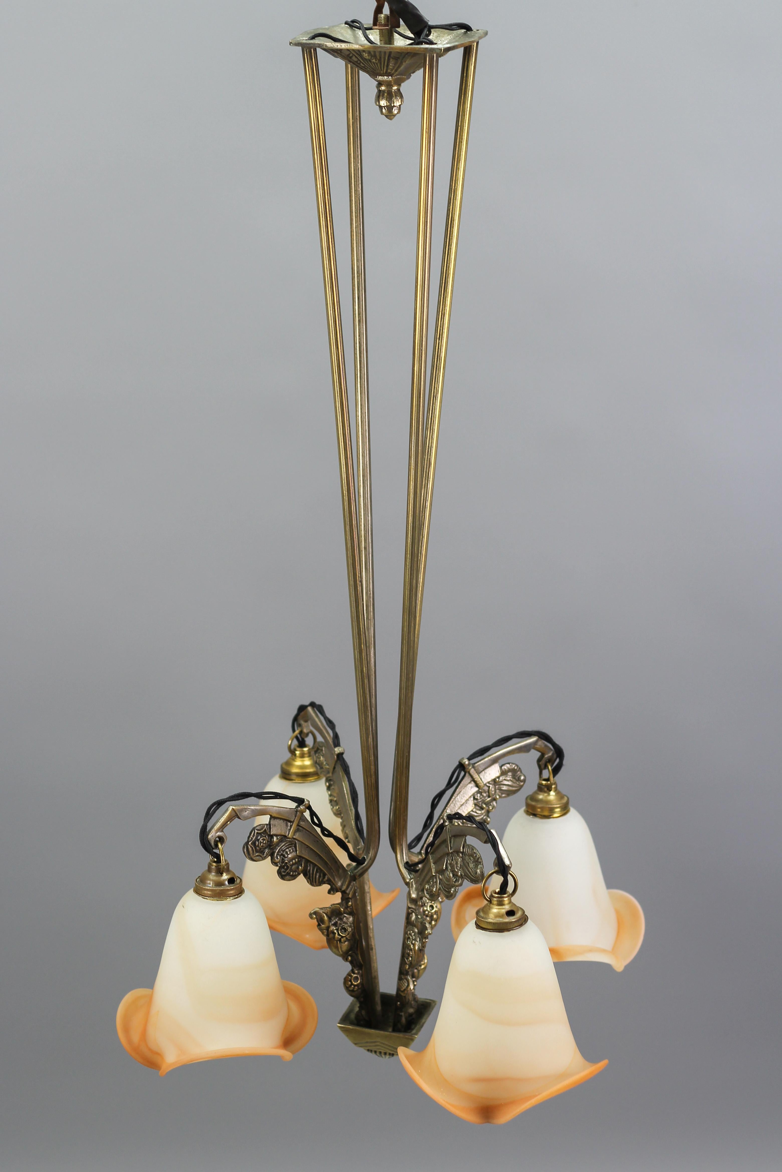 French Art Nouveau Brass and Glass Four-Light Chandelier 5