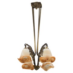 French Art Nouveau Brass and Glass Four-Light Chandelier