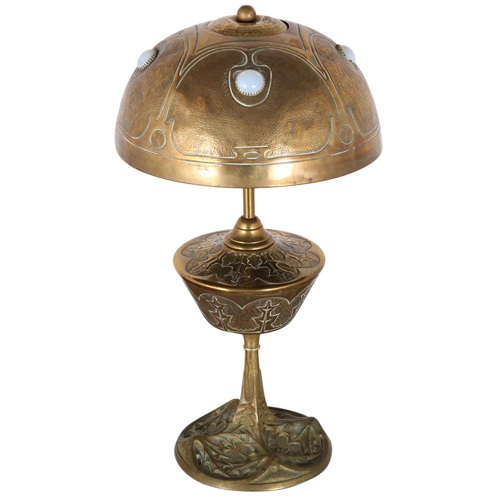 French Art Nouveau Brass and Glass Table Lamp Signed Jules Leleu