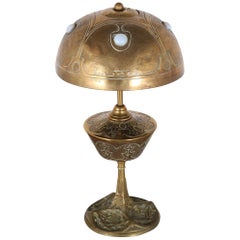 Antique French Art Nouveau Brass and Glass Table Lamp Signed Jules Leleu