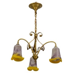 Antique French Art Nouveau Brass and Glass Three-Light Chandelier Signed Noverdy