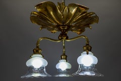 French Art Nouveau Brass and Glass Three-Light Flush Mount Ceiling Light, 1920