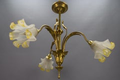 French Art Nouveau Brass and Glass Three-Light Iris-Shaped Chandelier, ca. 1910