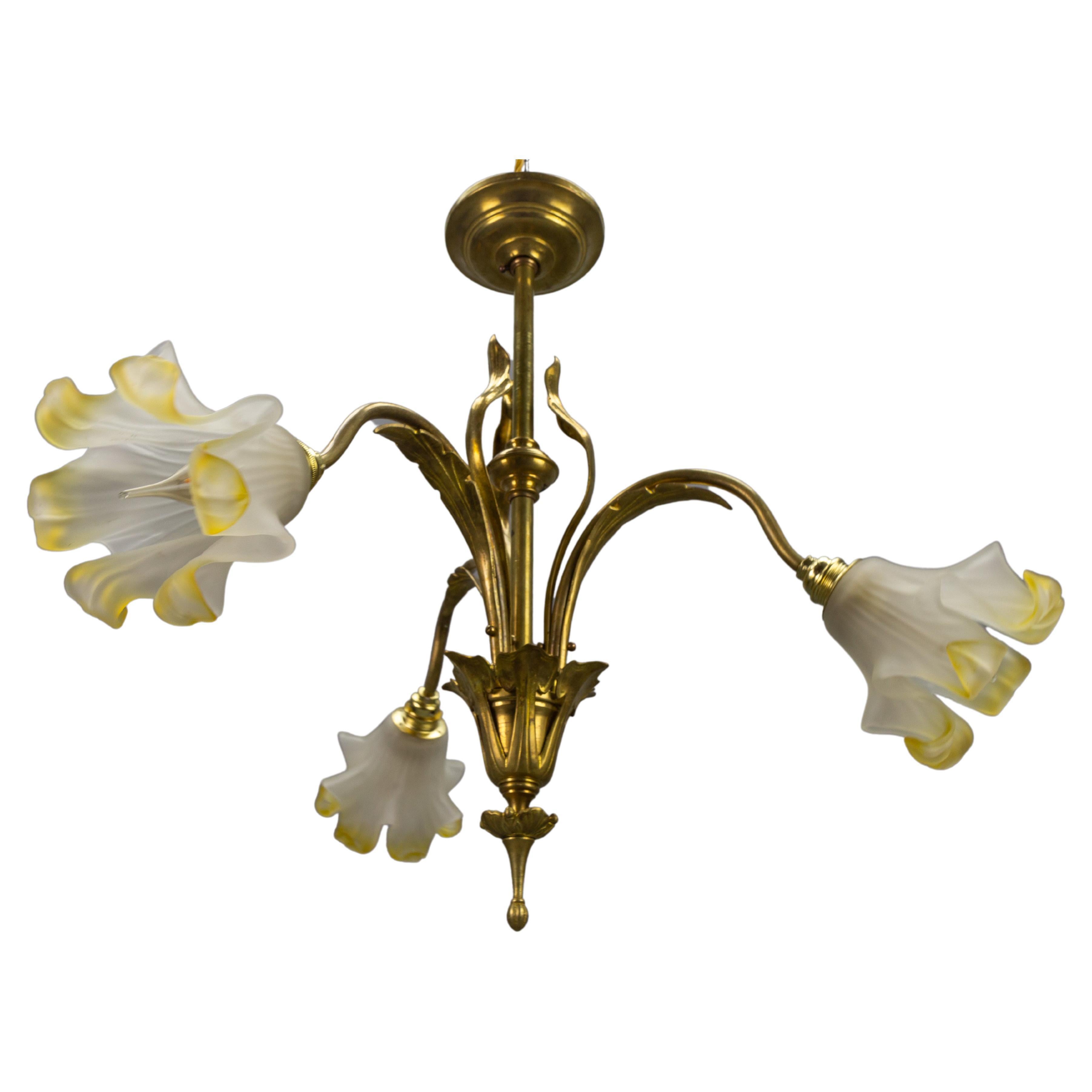 French Art Nouveau Brass and Glass Three-Light Iris-Shaped Chandelier, ca. 1910 For Sale