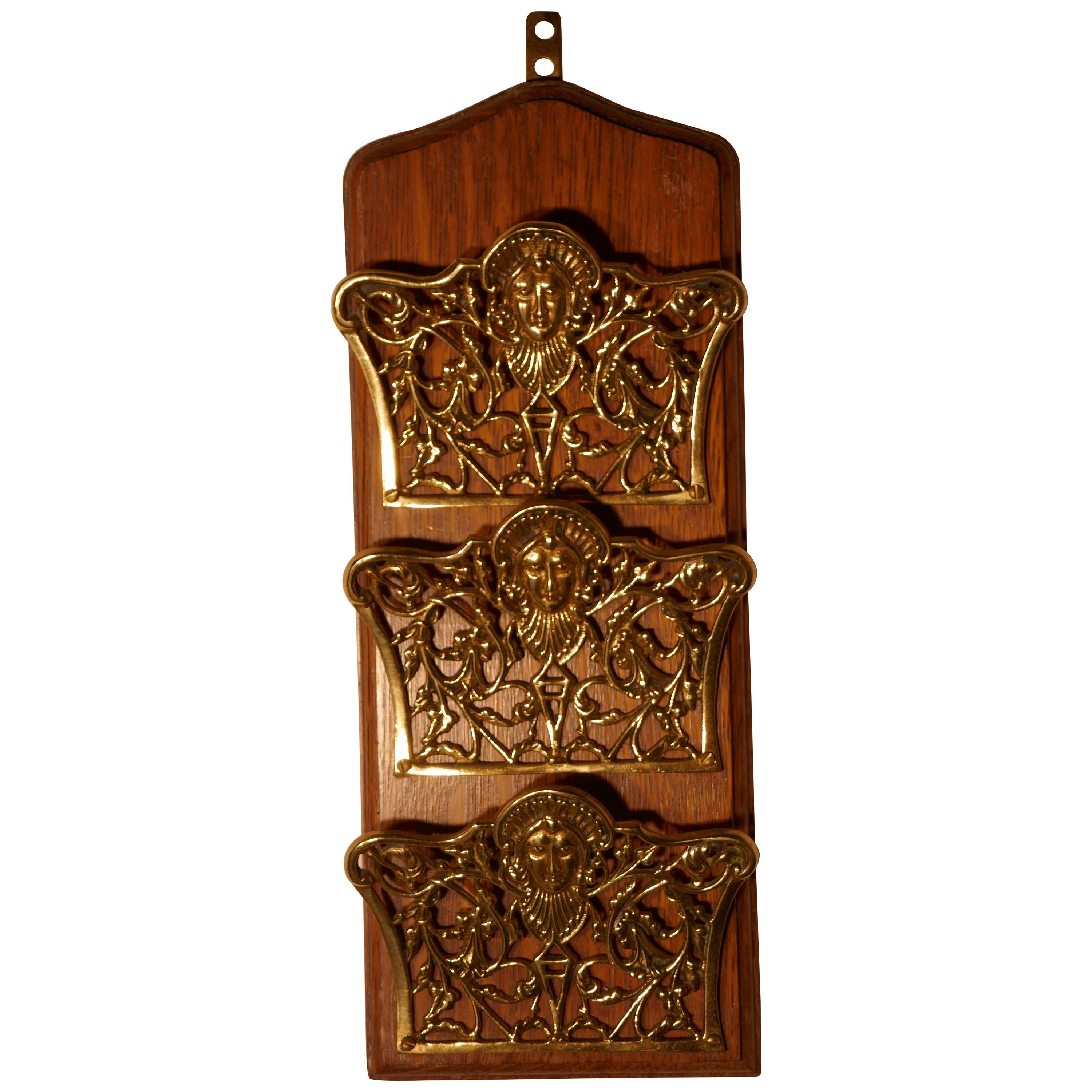 French Art Nouveau Brass and Oak Wall Hanging  Letter Rack