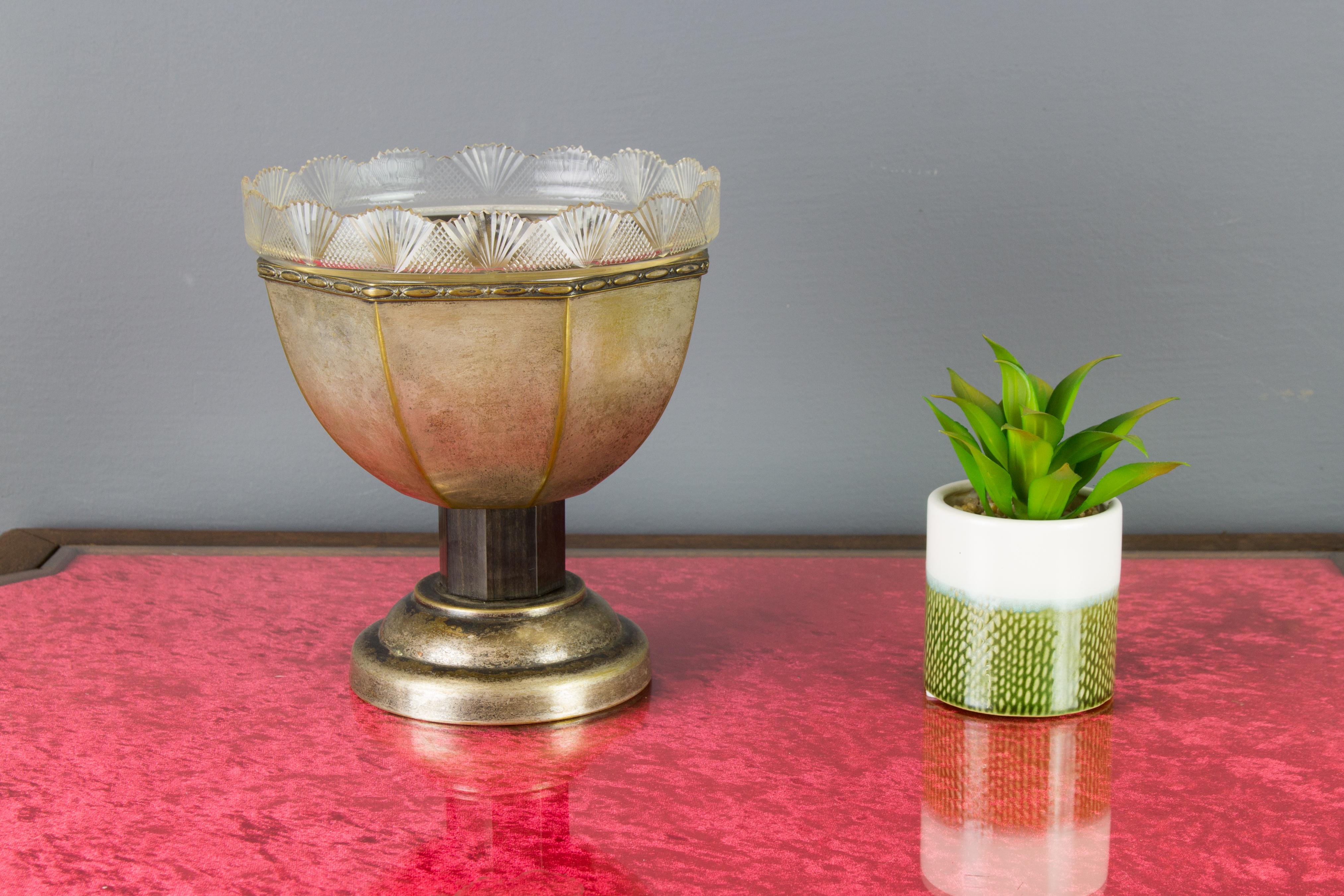Early 20th Century French Art Nouveau Brass Centerpiece with Cut-Glass Bowl, 1920s