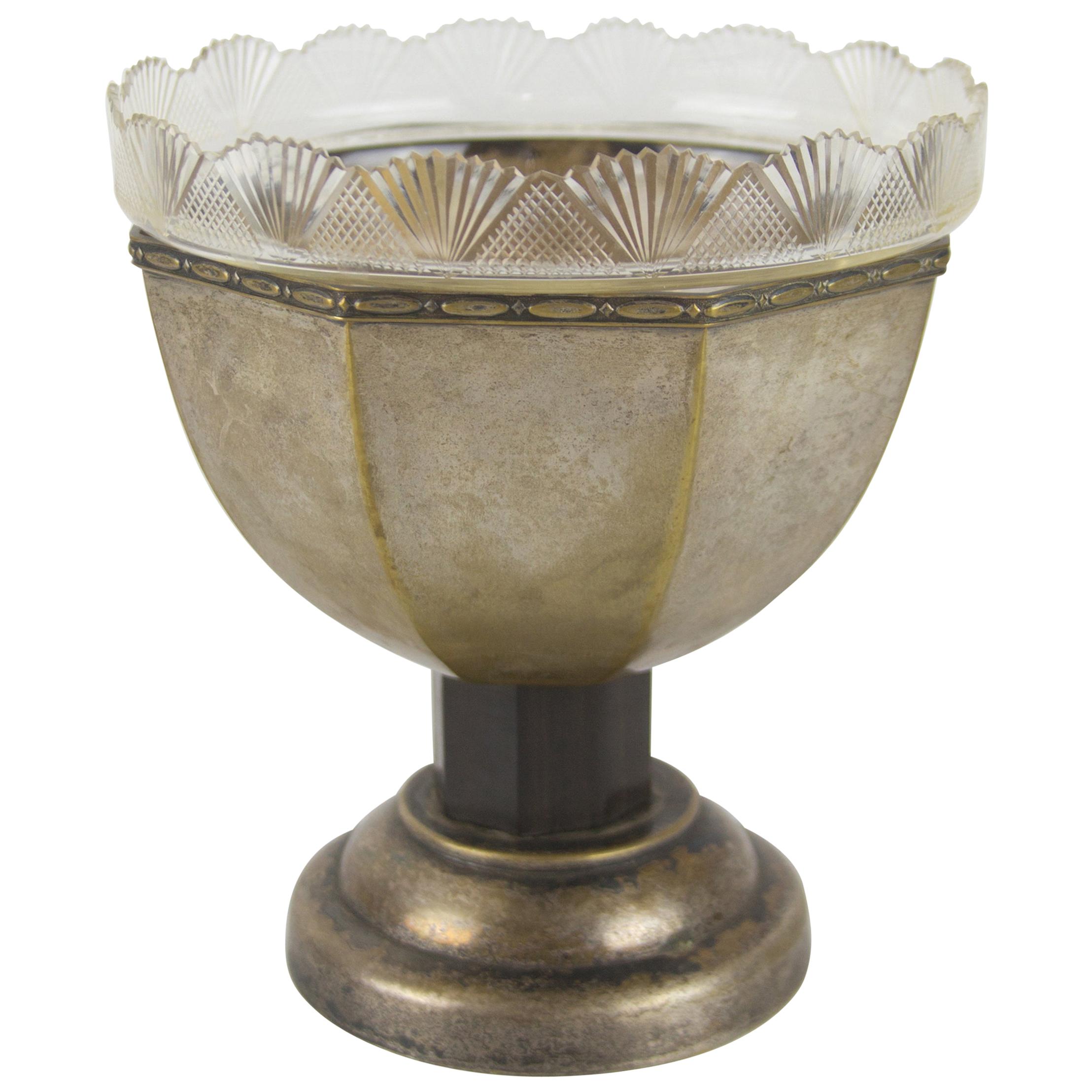 French Art Nouveau Brass Centerpiece with Cut-Glass Bowl, 1920s