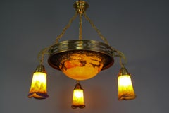 French, Art Nouveau Brass Chandelier with Pâte De Verre Glass by Noverdy, 1920s