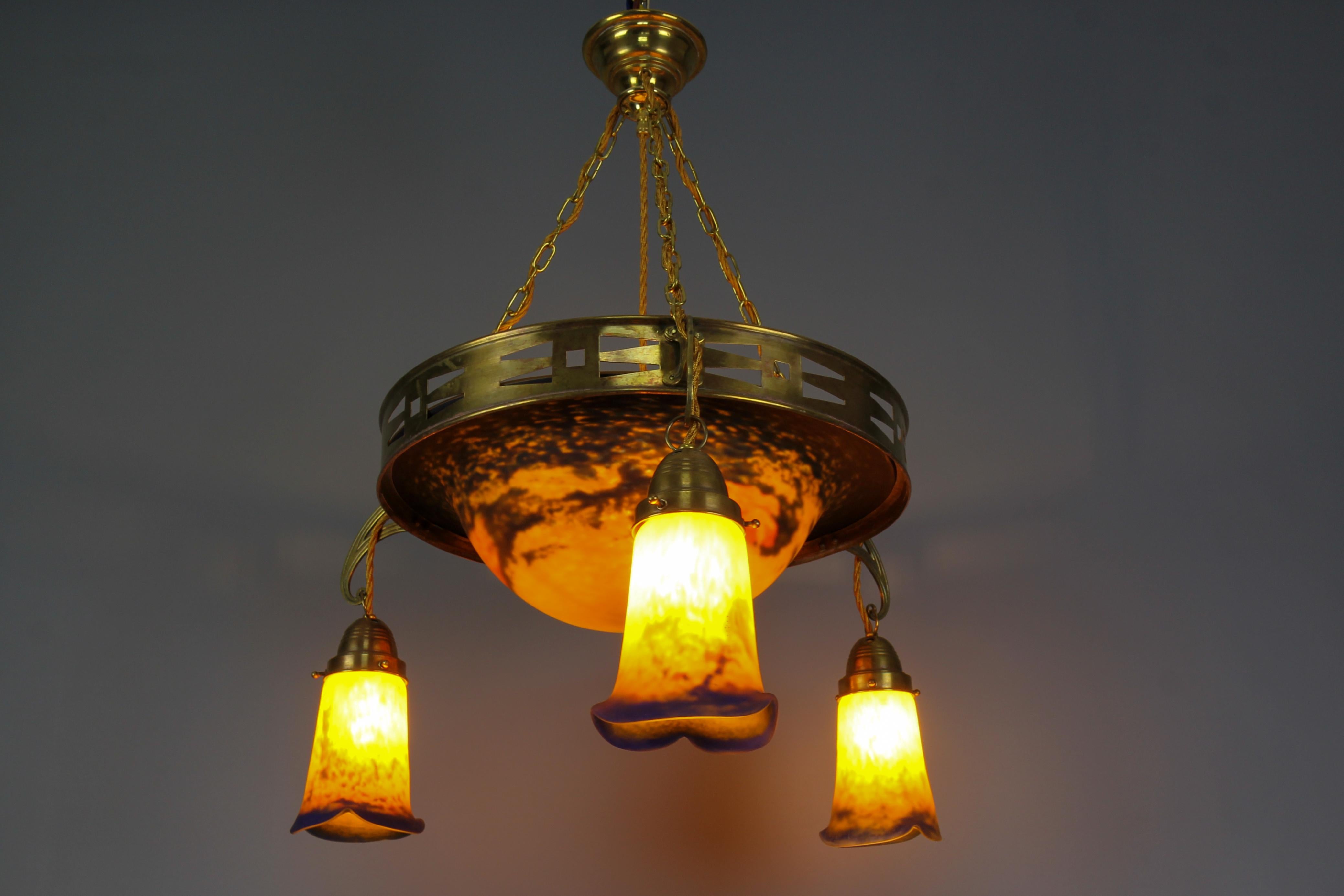 Early 20th Century French, Art Nouveau Brass Chandelier with Pâte De Verre Glass by Noverdy, 1920s For Sale