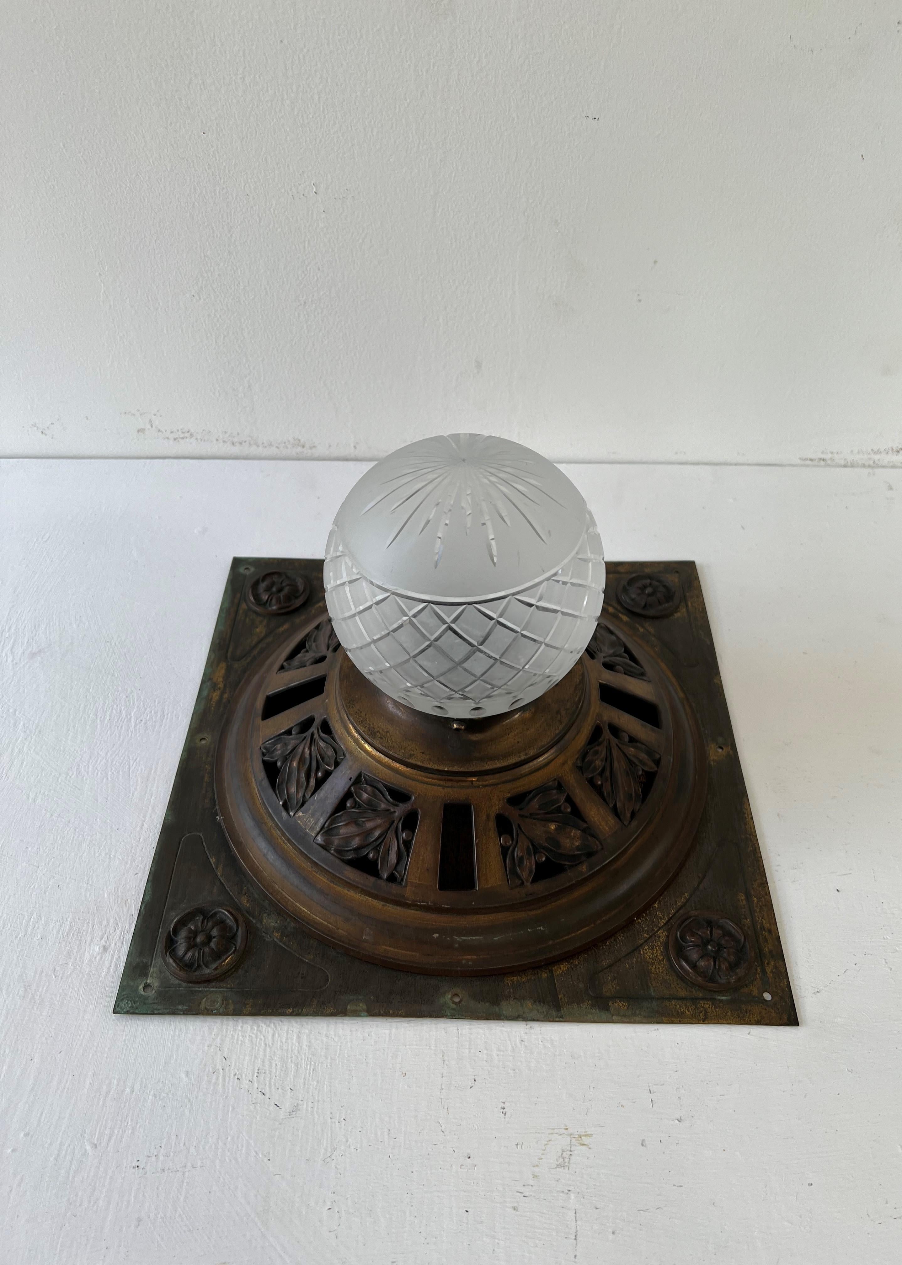French Art Nouveau Brass, Copper and Cut Crystal Flush Mount, circa 1920 In Good Condition For Sale In Merida, Yucatan