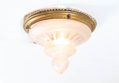 French Art Nouveau Brass Cut Blown Glass Flush Mount Ceiling Light, 1900s