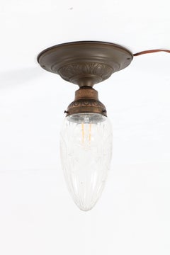 French Art Nouveau Brass Cut Blown Glass Flush Mount Ceiling Light, 1900s