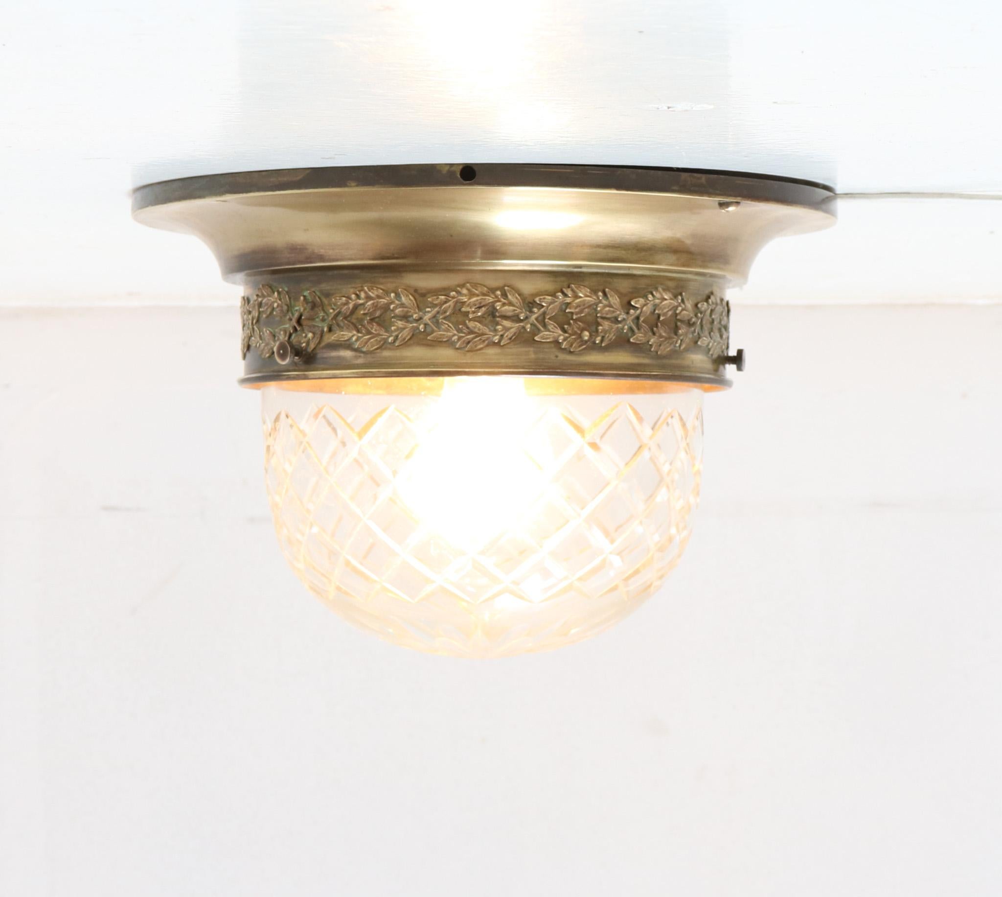 French Art Nouveau Brass Cut Blown Glass Flush Mount Ceiling Light, 1900s In Good Condition In Amsterdam, NL