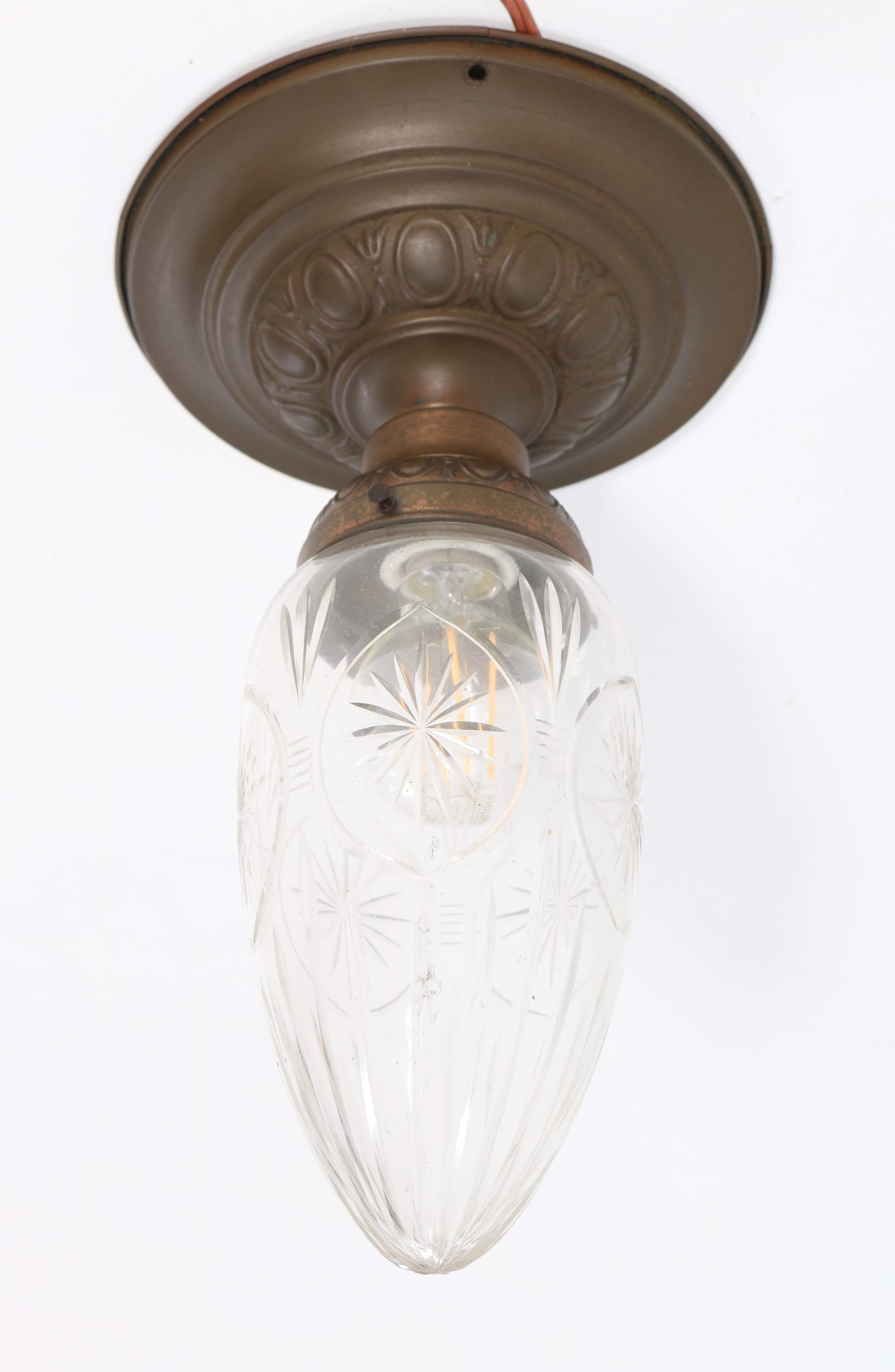 Dutch French Art Nouveau Brass Cut Blown Glass Flush Mount Ceiling Light, 1900s