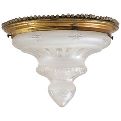 Antique French Art Nouveau Brass Cut Blown Glass Flush Mount Ceiling Light, 1900s