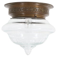 French Art Nouveau Brass Cut Blown Glass Flush Mount Ceiling Light, 1900s