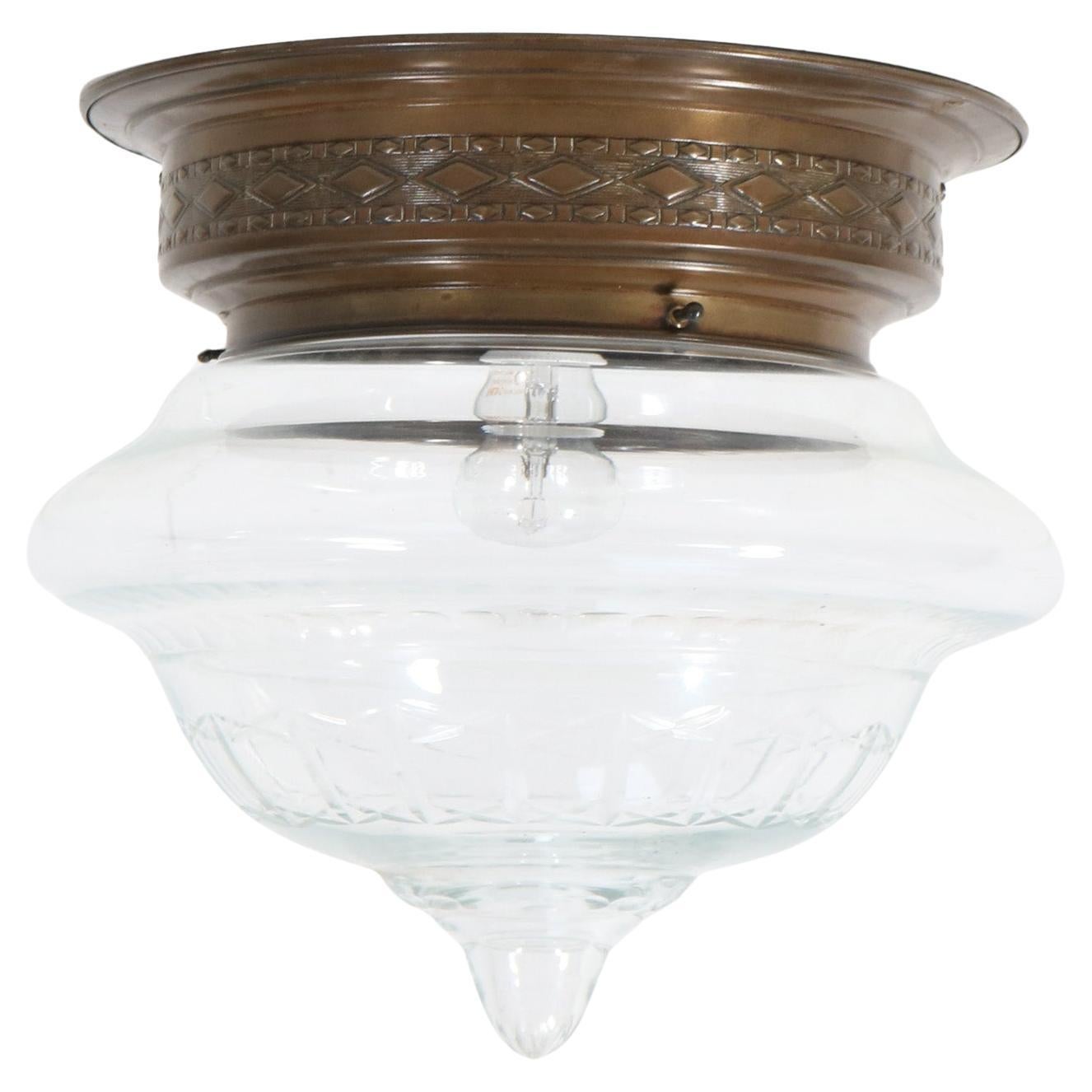 French Art Nouveau Brass Cut Blown Glass Flush Mount Ceiling Light, 1900s For Sale