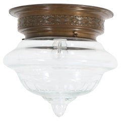 Used French Art Nouveau Brass Cut Blown Glass Flush Mount Ceiling Light, 1900s