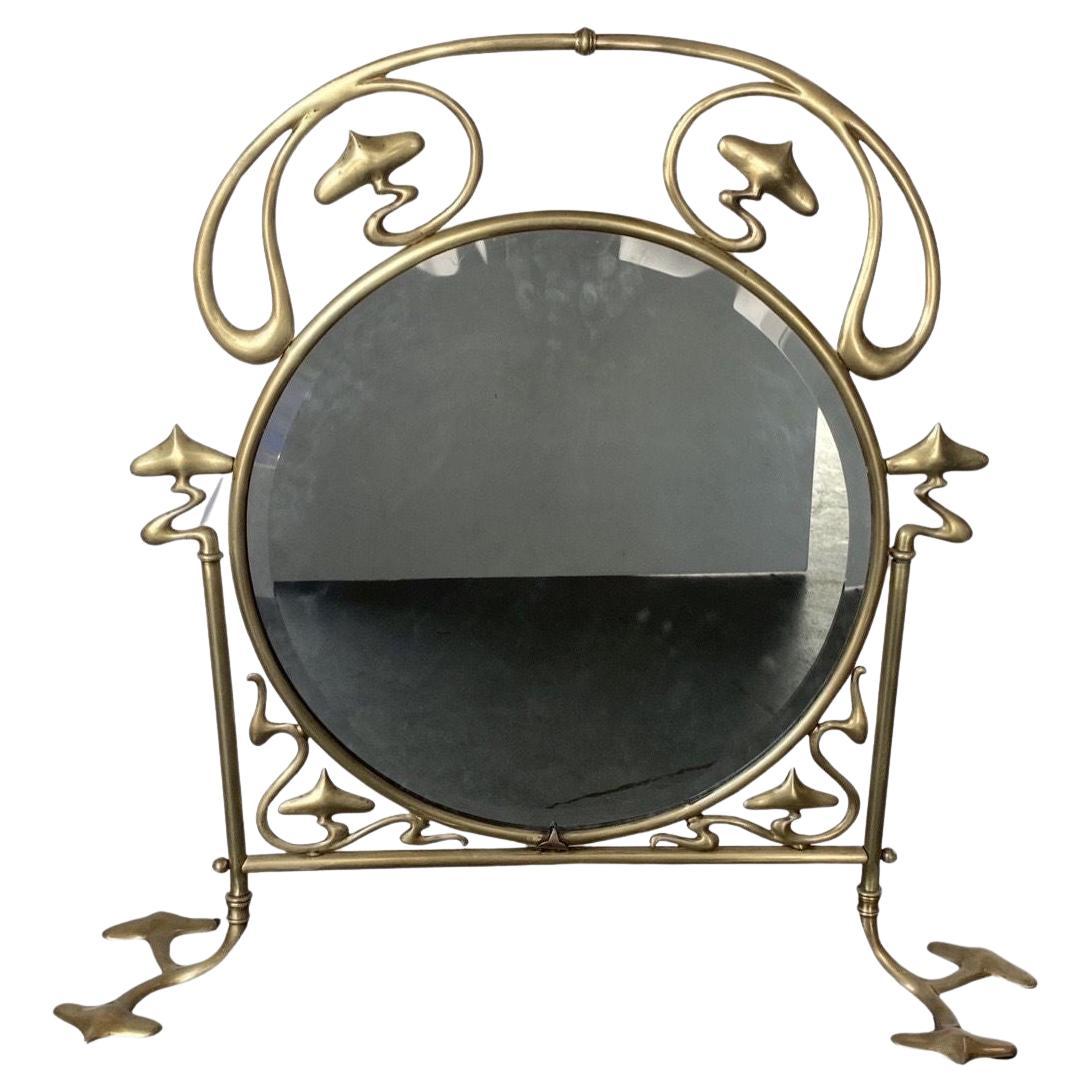 French Art Nouveau Brass Fire Screen with Mirror For Sale
