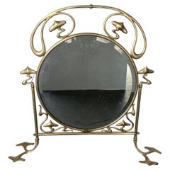 French Art Nouveau Brass Fire Screen with Mirror