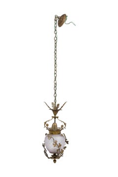 French Art Nouveau Brass Lantern Fixture, Frosted Glass Shade, 1950s