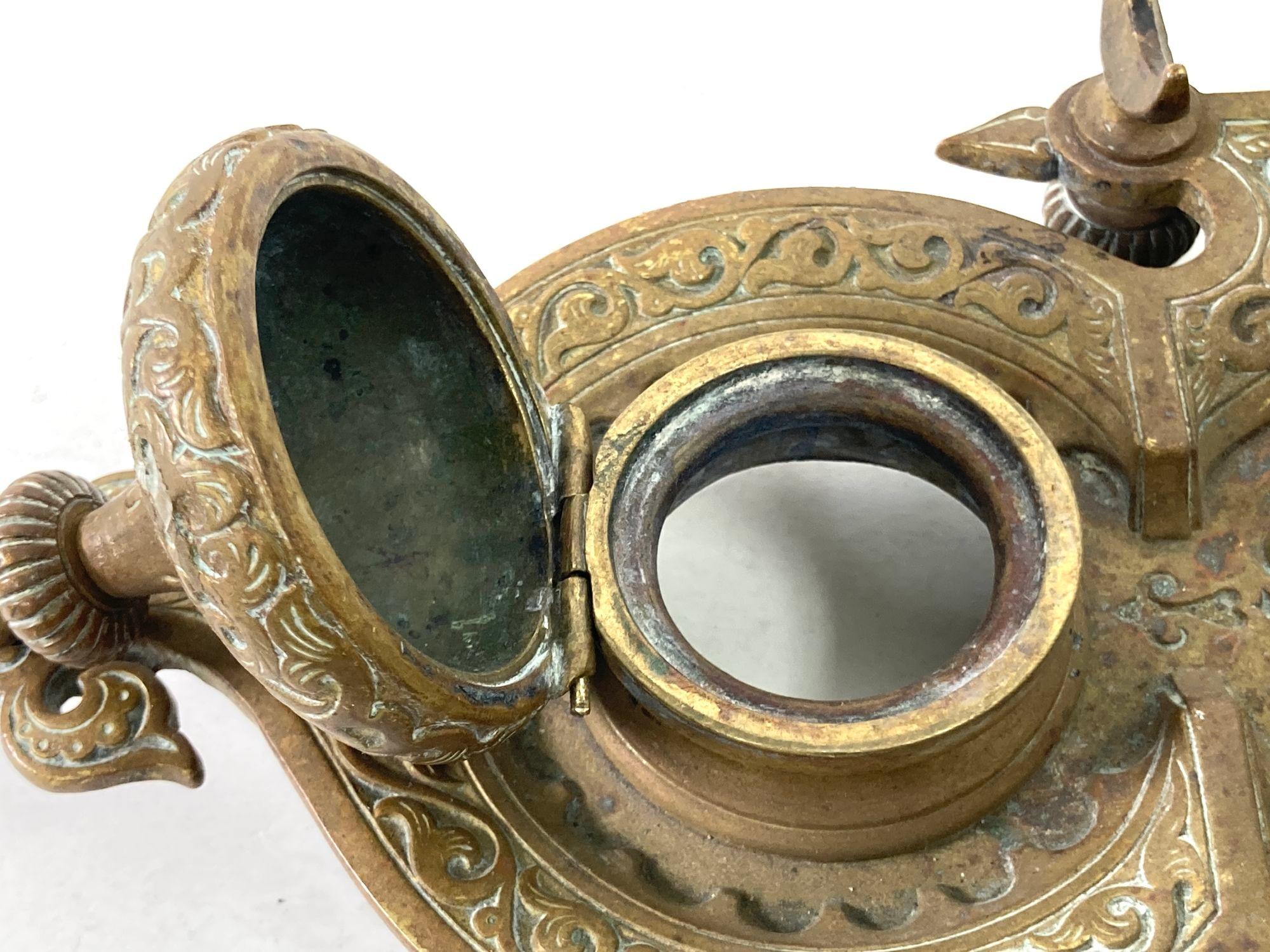 French Art Nouveau Brass Footed Double Ink Well Filigree Bronze Moorish Style 2