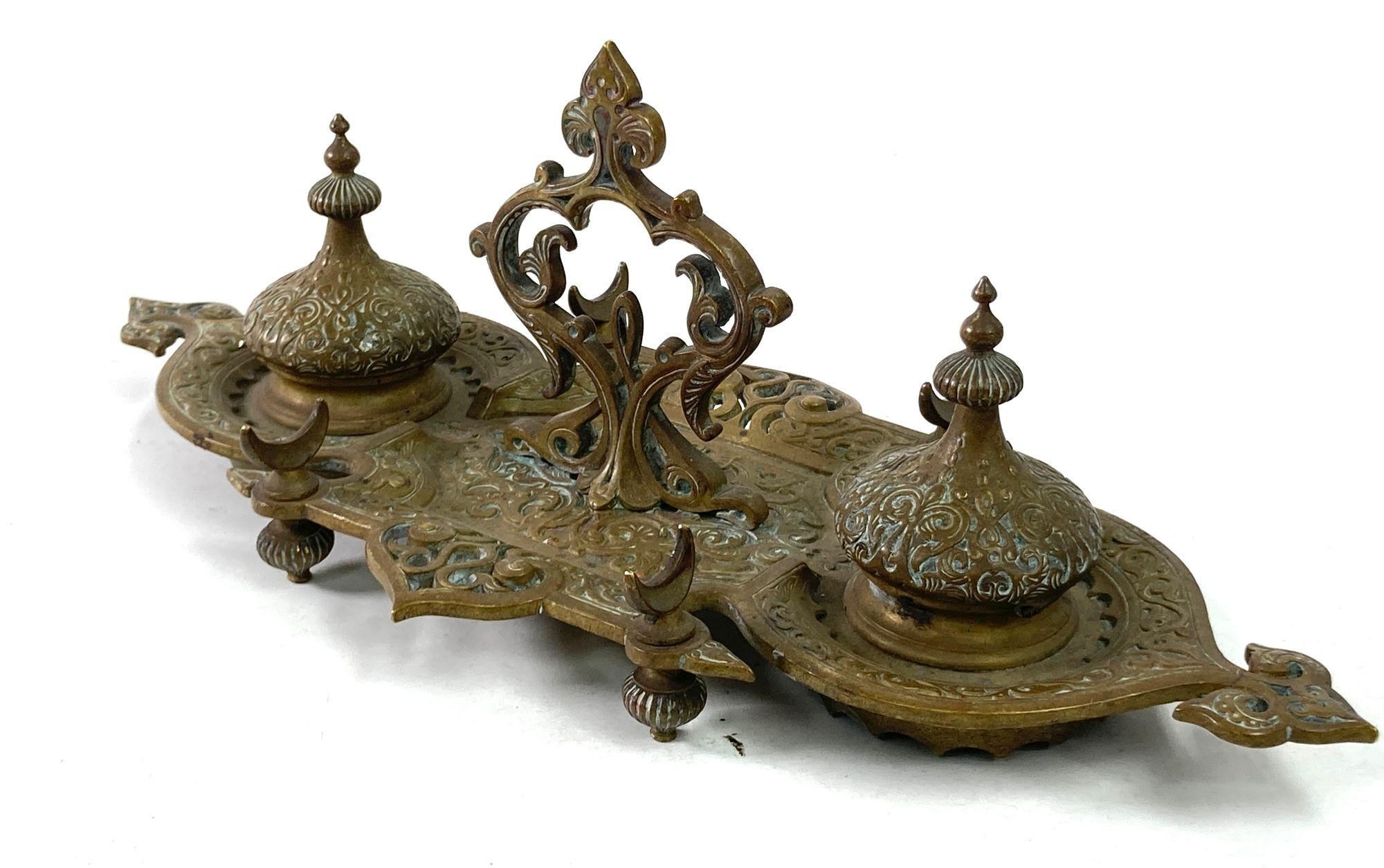 French Art Nouveau Brass Footed Double Ink Well Filigree Bronze Moorish Style 4