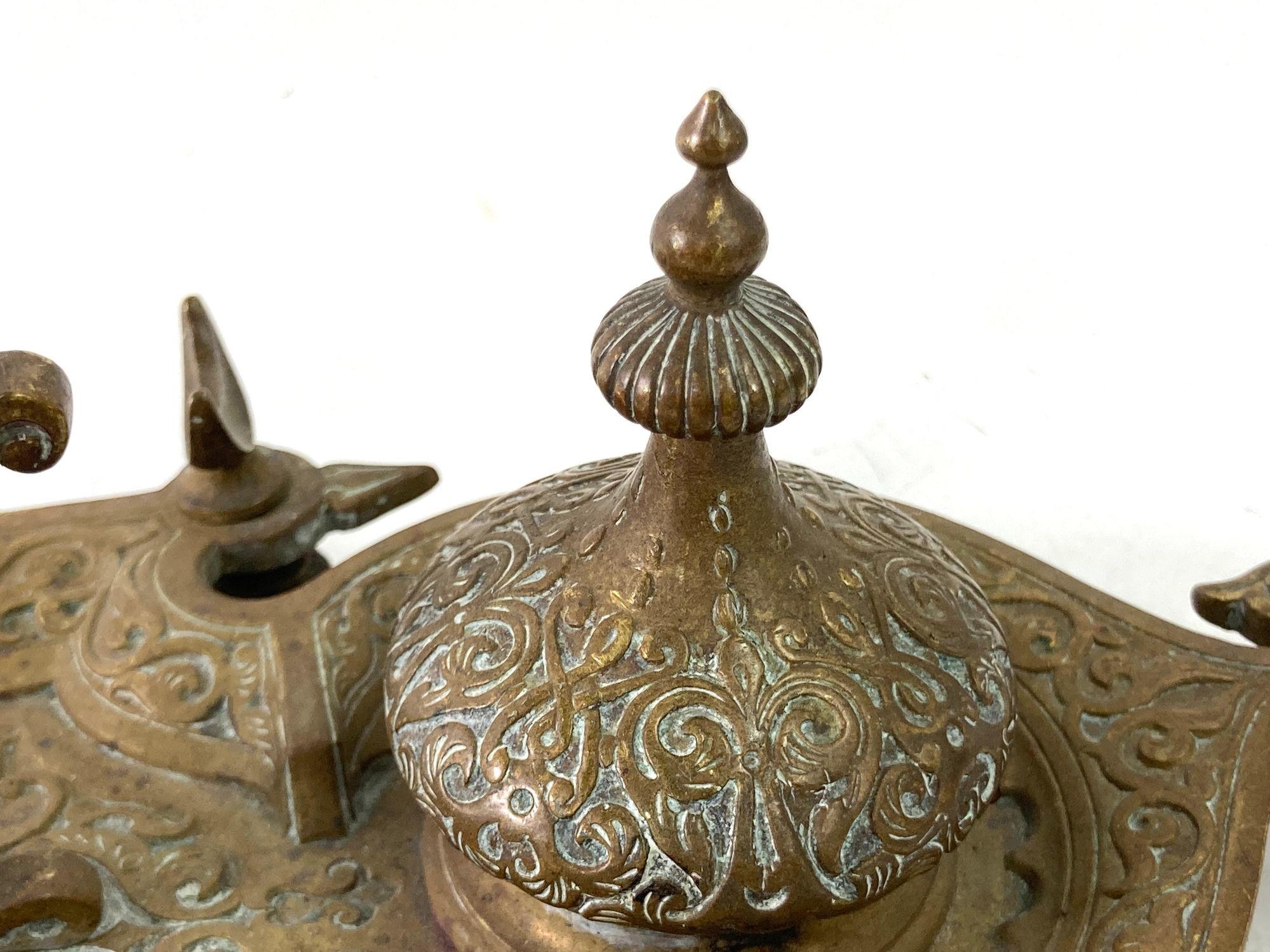 Hand-Crafted French Art Nouveau Brass Footed Double Ink Well Filigree Bronze Moorish Style