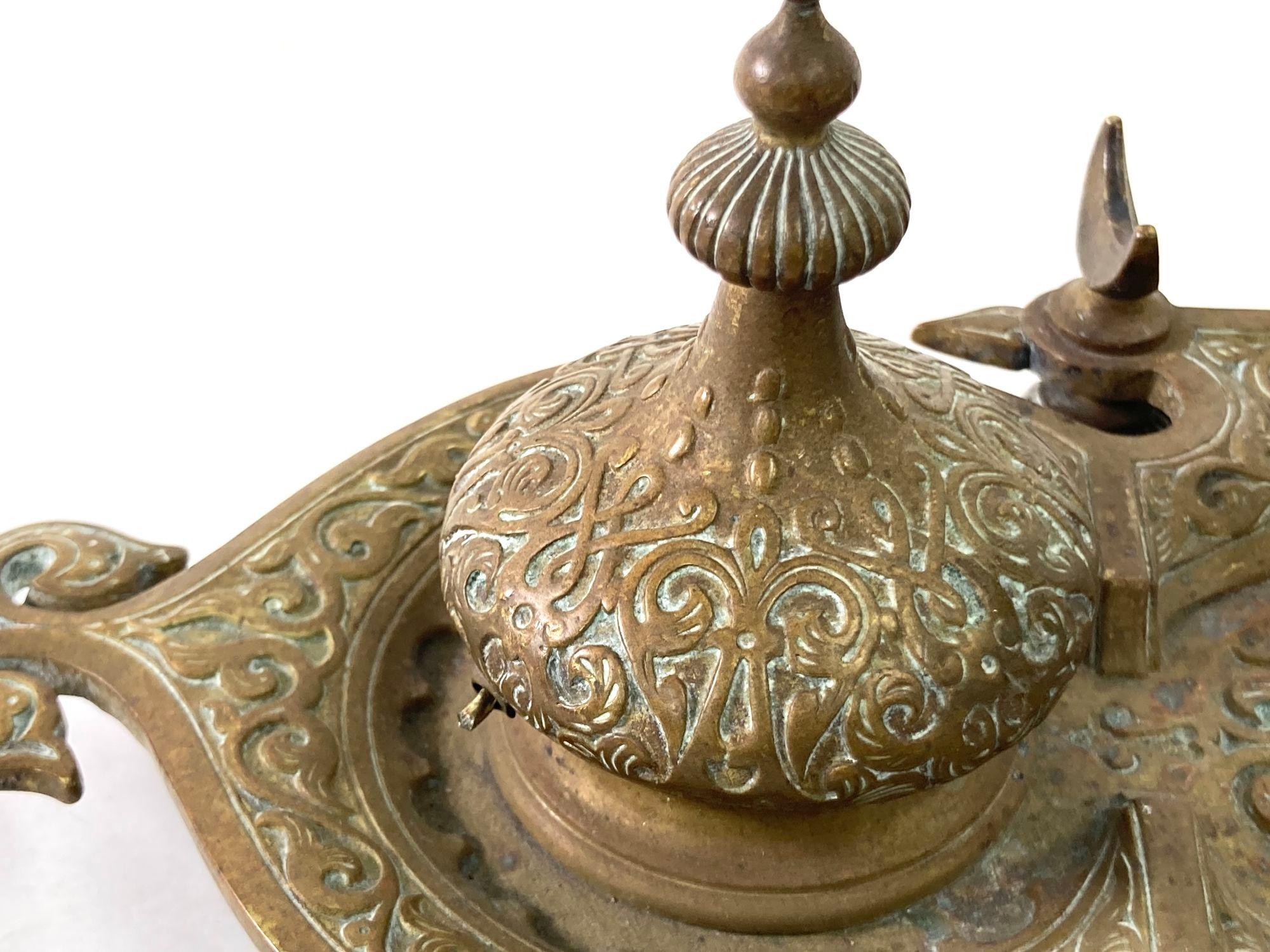 French Art Nouveau Brass Footed Double Ink Well Filigree Bronze Moorish Style 1
