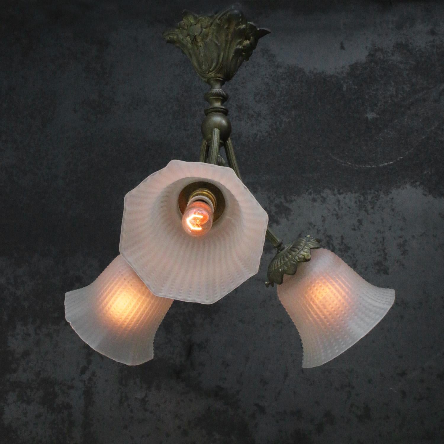 French brass pedant light with 3 bulb holders

White frosted mat glass

3x E26 / E27. Excluding bulbs

weight : 1.50 kg / 3.3 lb

Priced per individual item. All lamps have been made suitable by international standards for incandescent light bulbs,