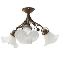 French Art Nouveau Brass & Frosted Glass Flush Mount Ceiling Light