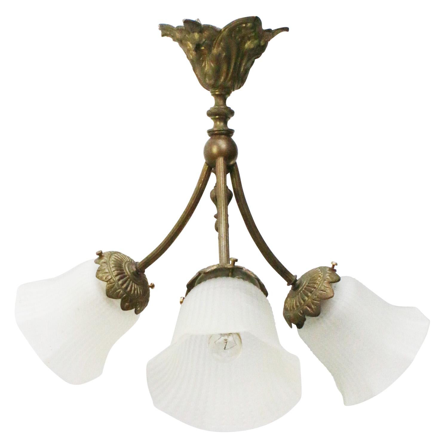 French Art Nouveau Brass & Frosted Glass Pendant Light In Good Condition In Amsterdam, NL