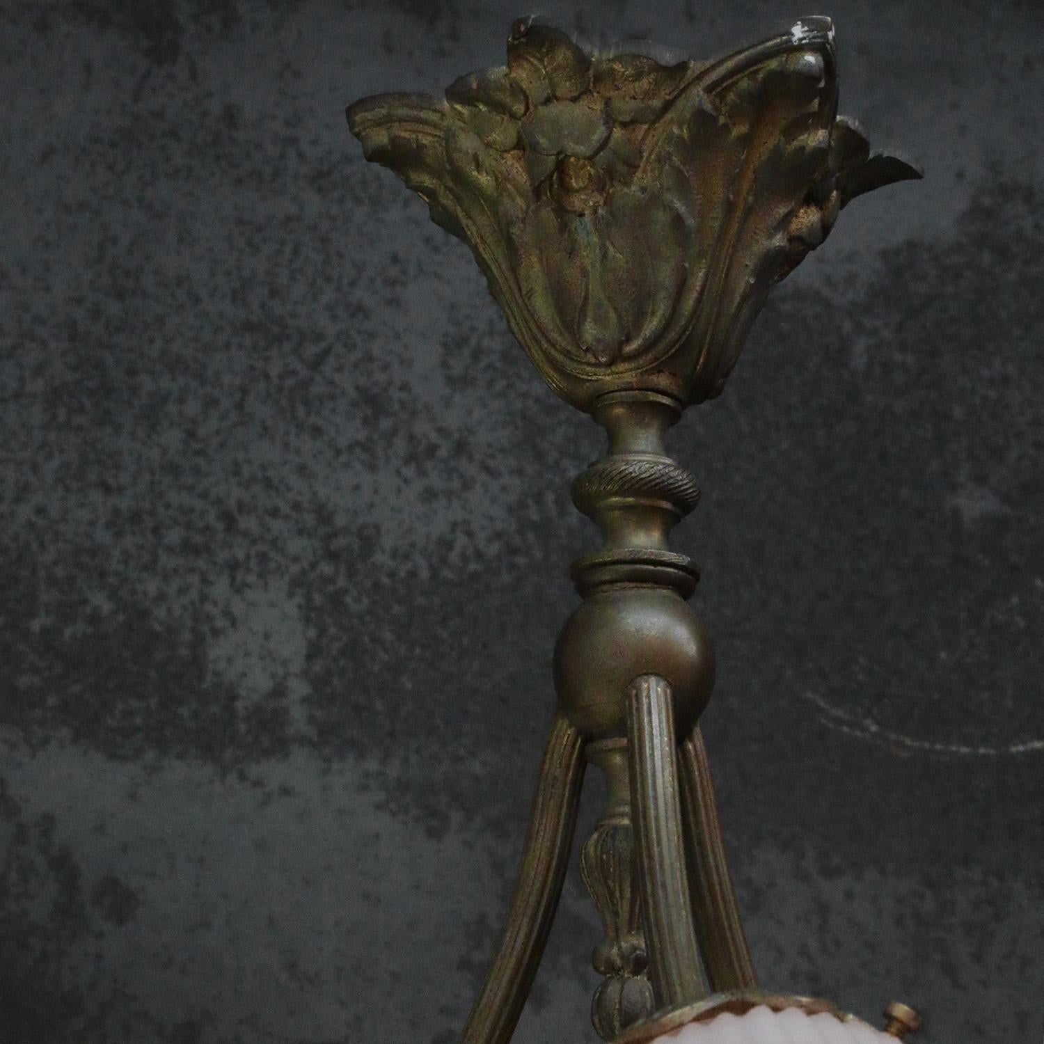 French Art Nouveau Brass & Frosted Glass Pendant Light 2