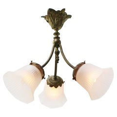French Art Nouveau Brass & Frosted Glass Pendant Light