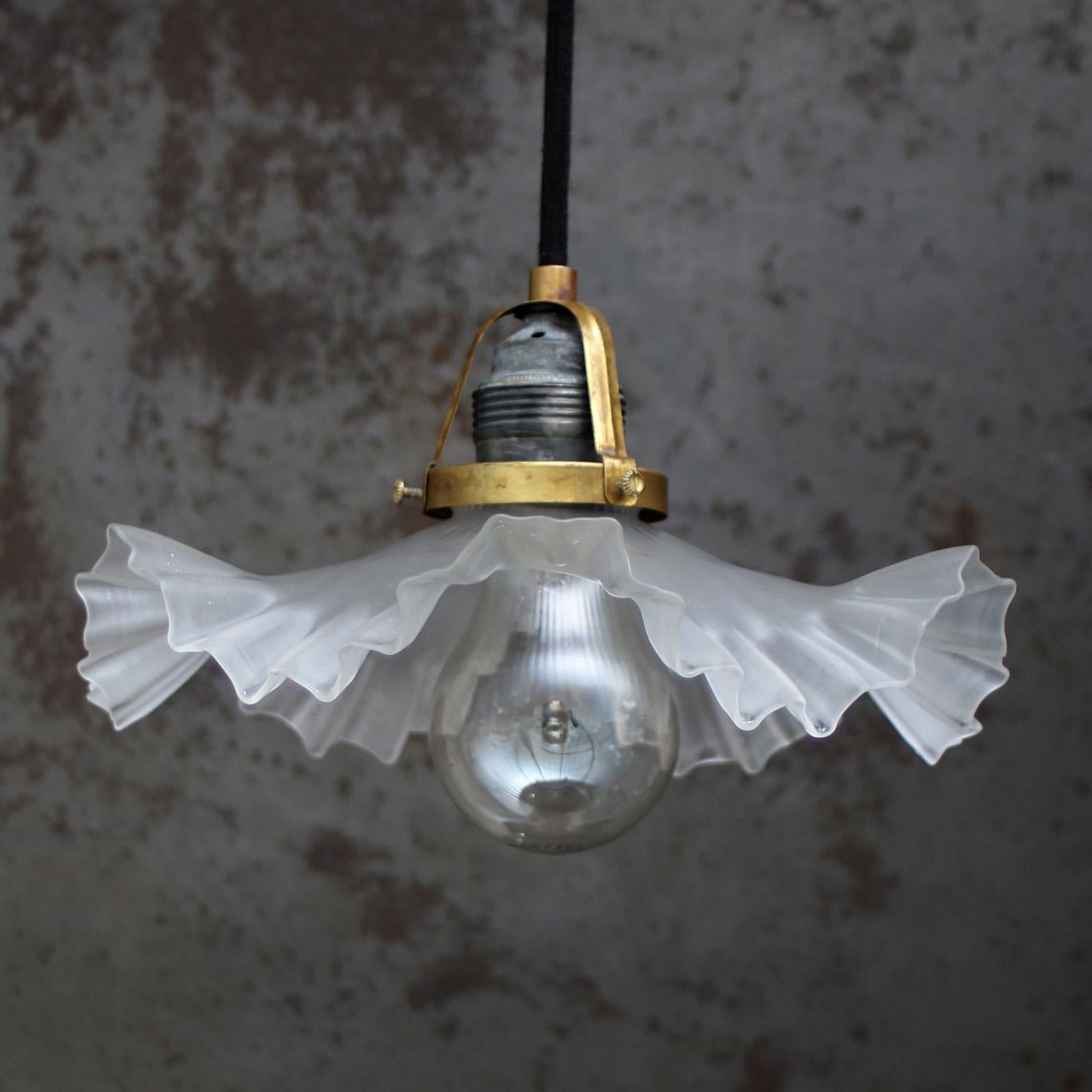 French Art Nouveau Brass Frosted Glass Pendant Lights 1920s In Good Condition For Sale In Amsterdam, NL