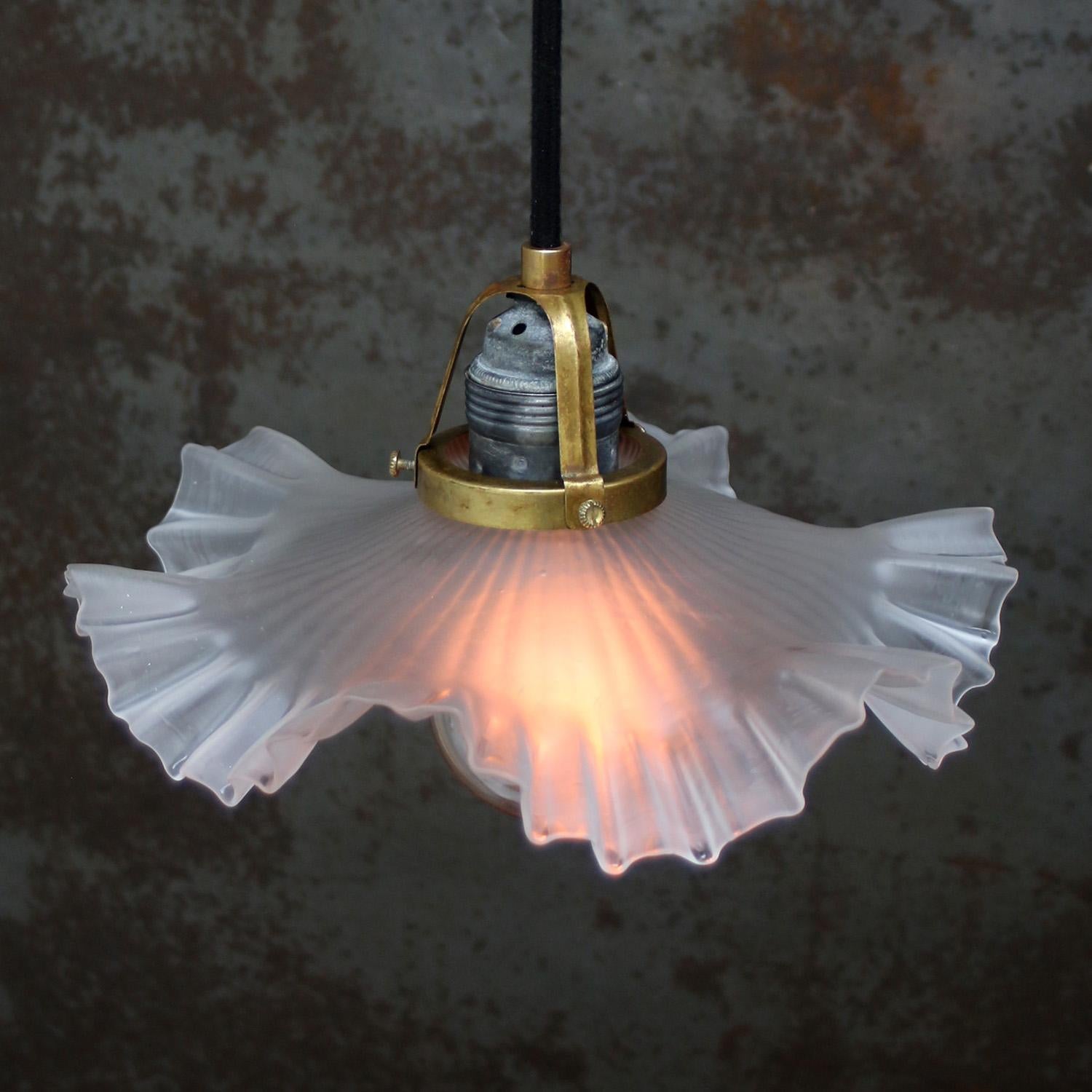 20th Century French Art Nouveau Brass Frosted Glass Pendant Lights 1920s For Sale