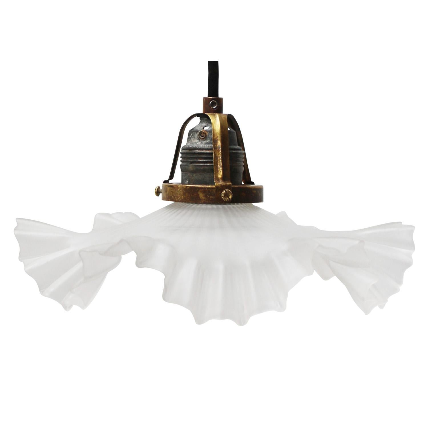 French Art Nouveau Brass Frosted Glass Pendant Lights 1920s For Sale 1