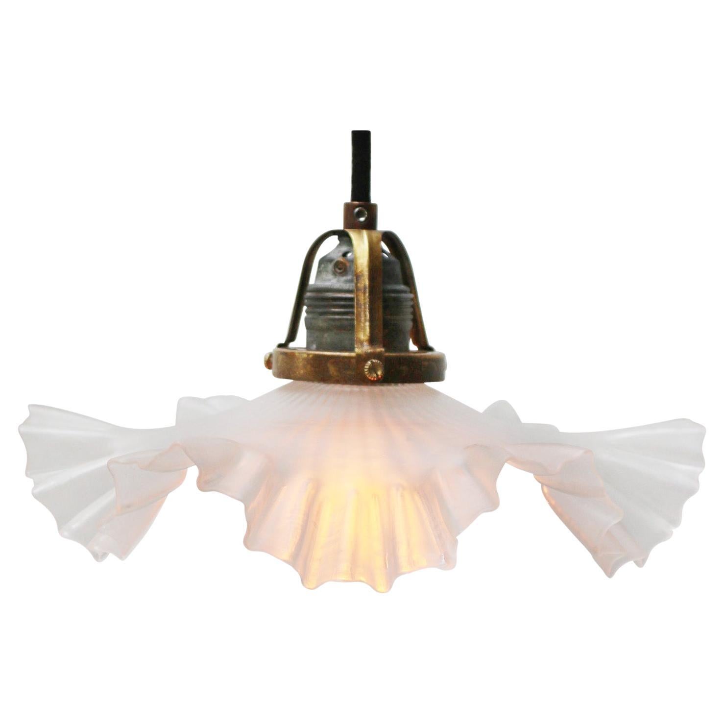 French Art Nouveau Brass Frosted Glass Pendant Lights 1920s