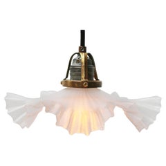 French Art Nouveau Brass Frosted Glass Pendant Lights 1920s