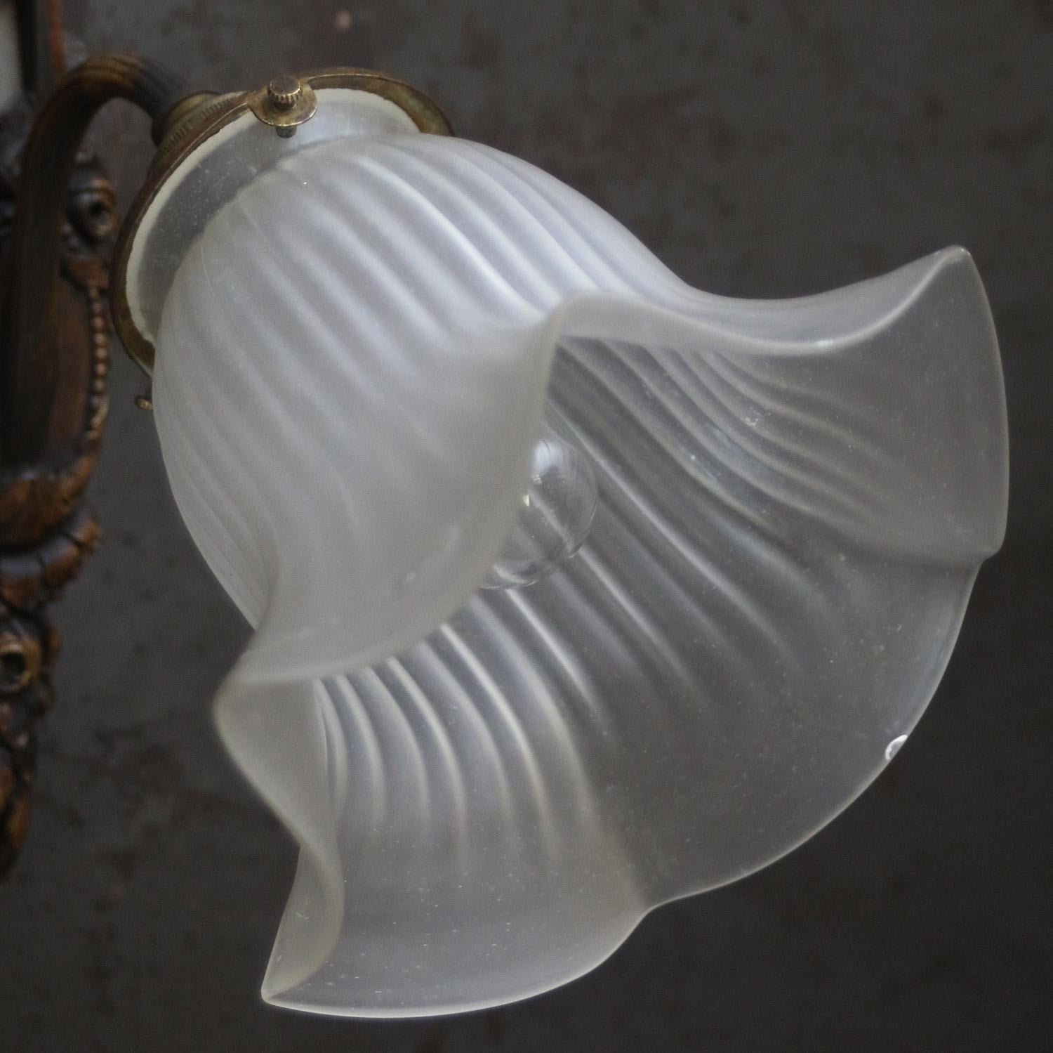 French Art Nouveau Brass, Frosted Glass Sconce Wall Lamp In Good Condition For Sale In Amsterdam, NL