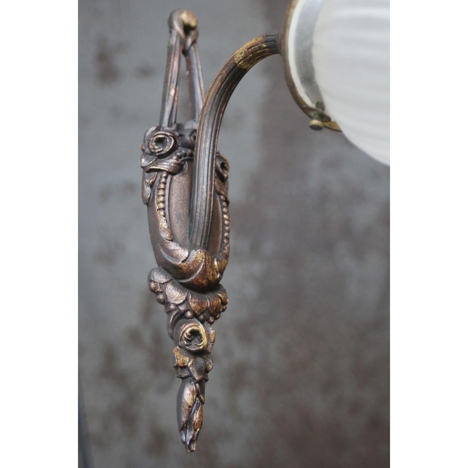 French Art Nouveau Brass, Frosted Glass Sconce Wall Lamp For Sale 2
