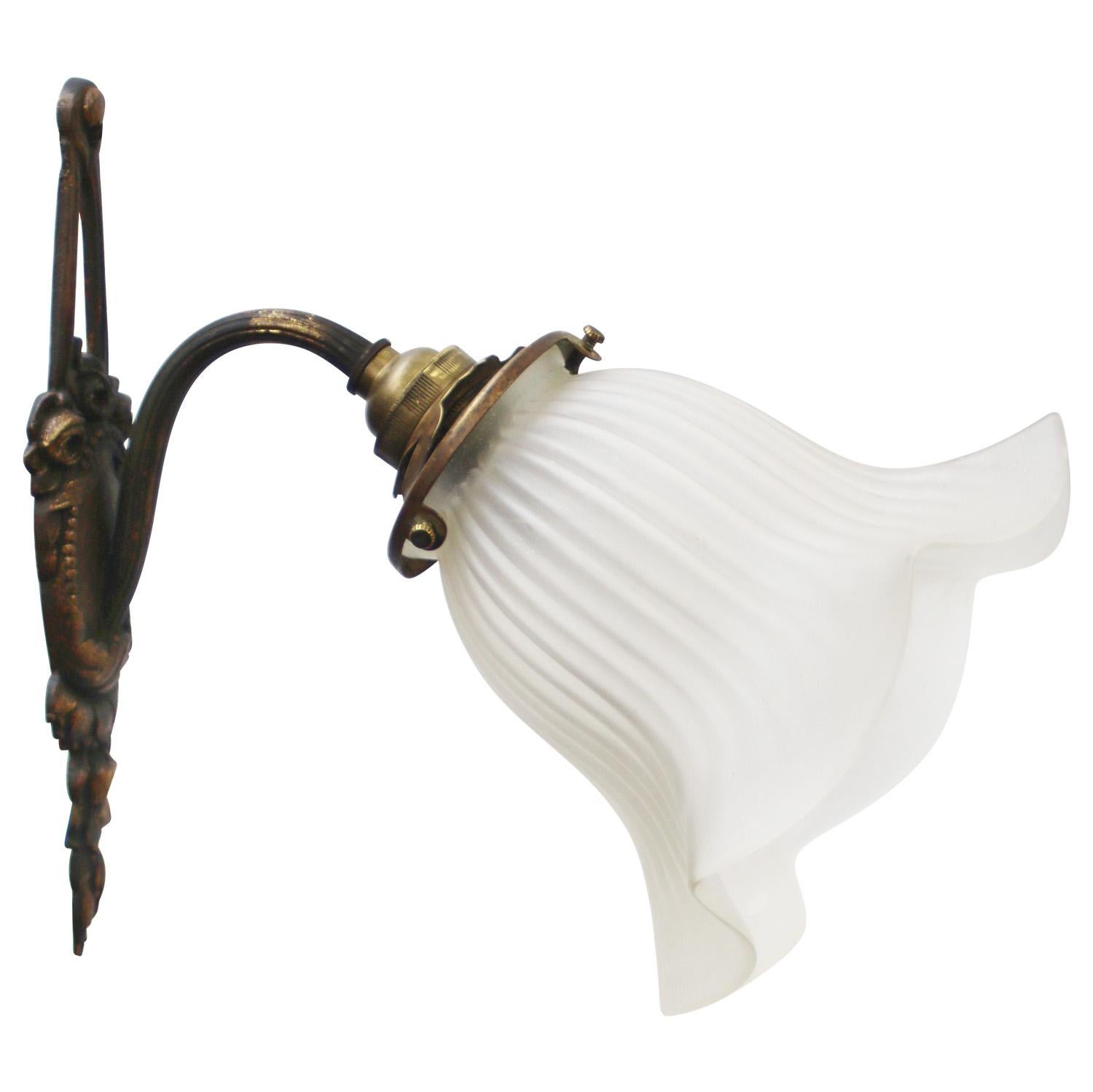 French Art Nouveau Brass, Frosted Glass Sconce Wall Lamp For Sale 3