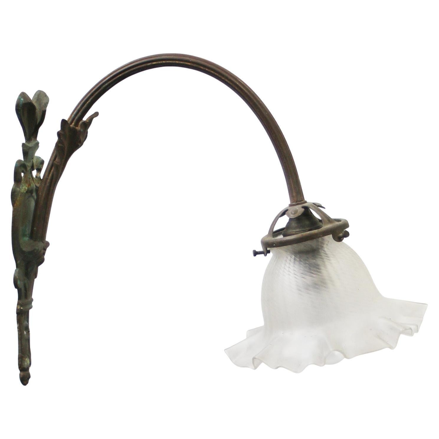 French Art Nouveau Brass, Frosted Glass Sconce Wall Lamp