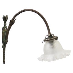 French Art Nouveau Brass, Frosted Glass Sconce Wall Lamp